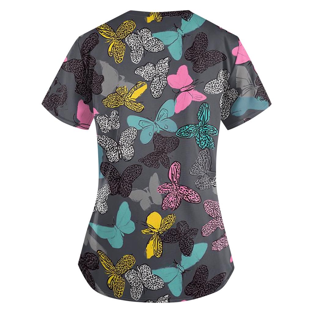 Women's Short Sleeve V Neck Vintage Floral Print Pocket Nurse Scrub Top Medical Uniform Shirt for Healthcare Professionals