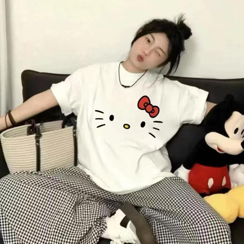 

Hello Kitty Cartoon 2025 Simple Loose Cute Round Neck Casual Trend Summer Cotton Short Sleeved Tshirt Fashion Y2K Top Tshirt M
