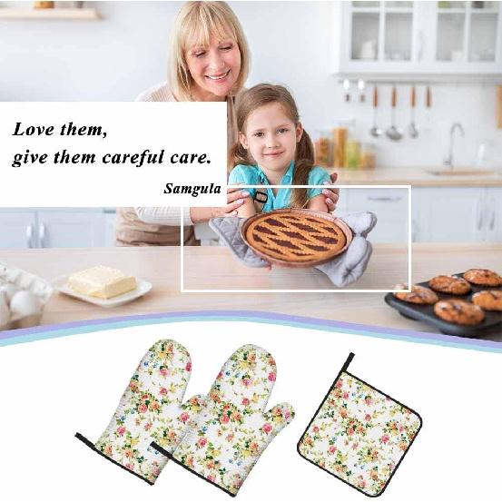 Vintage Flower Oven Mitts and Pot Holders Sets Rose Leaf Branch Spring Nature Heat Resistant 3pcs for Cooking Baking BBQ