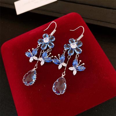 Charm Female Blue Zircon Stone Flower Water Drop Earrings Cute Trendy Bridal Silver Color Wedding  For Women