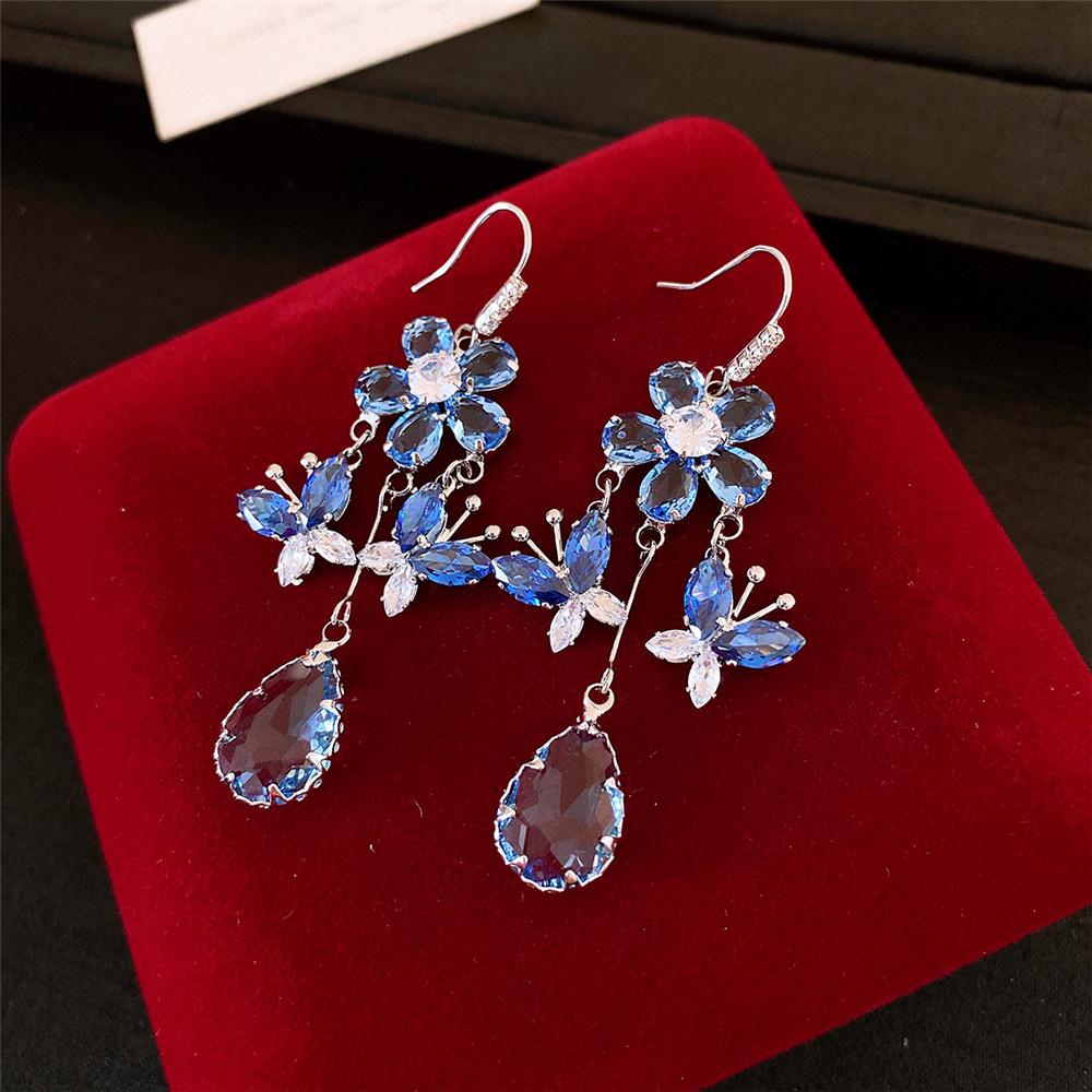 Шарм Женские Синий Циркон Камень Цветок Капля Воды Серьги Милые Модные Свадебные Серебристый Цвет Свадьба Для Женщин