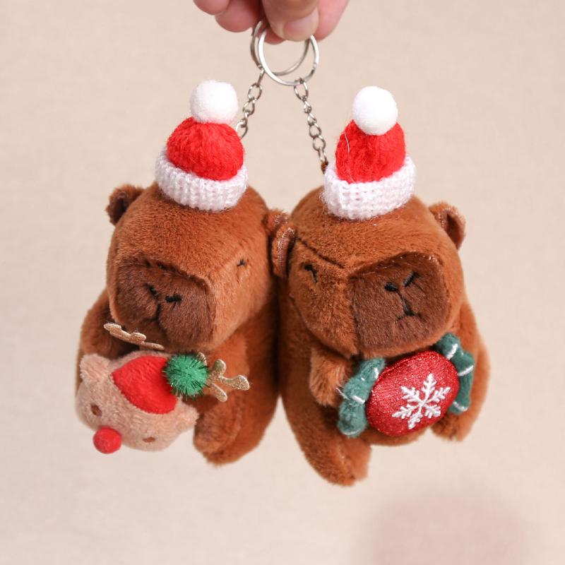 Lovely Christmas Capybara Pendant Plush Keychain Cute Soft Stuffed Doll Toy Backpack Hanging Decoration New Year Gift
