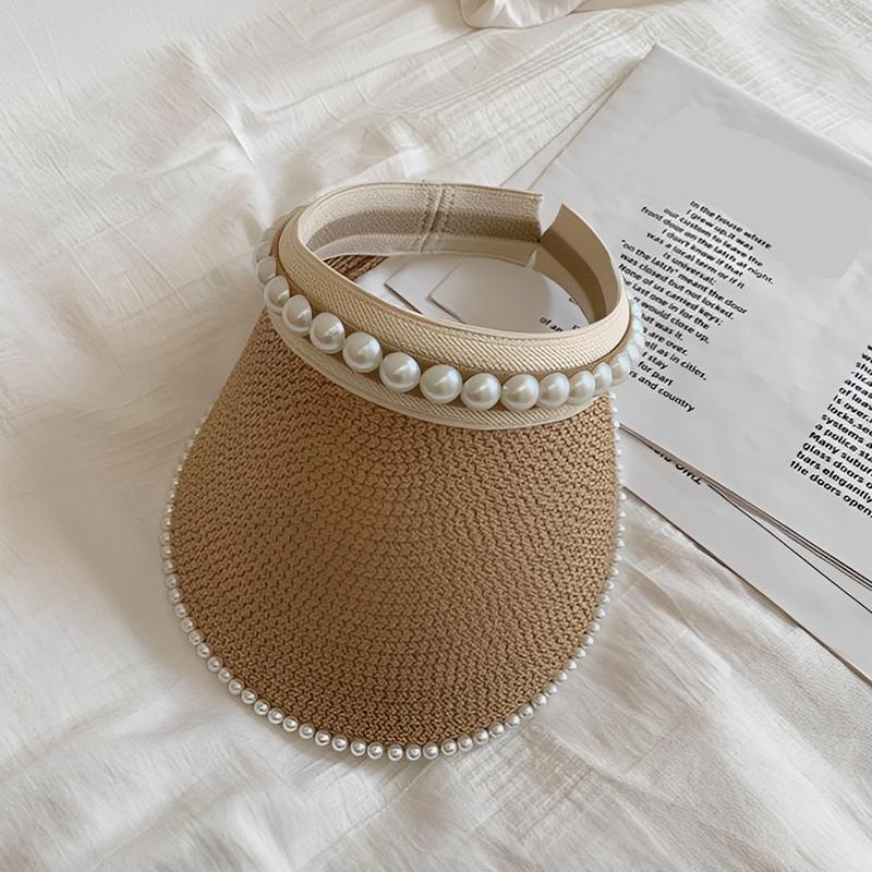 Women'S Summer New Fresh Beach Hat With Pearls Open Top Sun Hat Fashionable Raffia Straw Hat