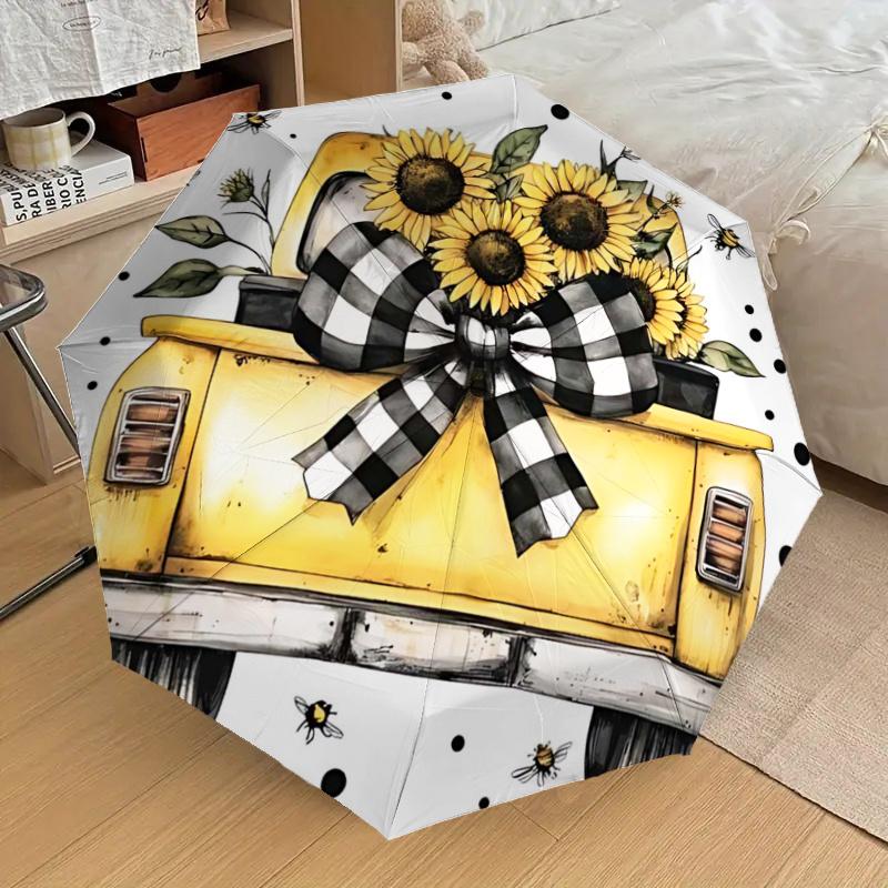 Sunflower Bowknot Yellow Pickup Truck - Automatic Opening Umbrella, Portable Folding Design, 8-Bone Iron Frame, Outdoor Rain Umbrella, Festi