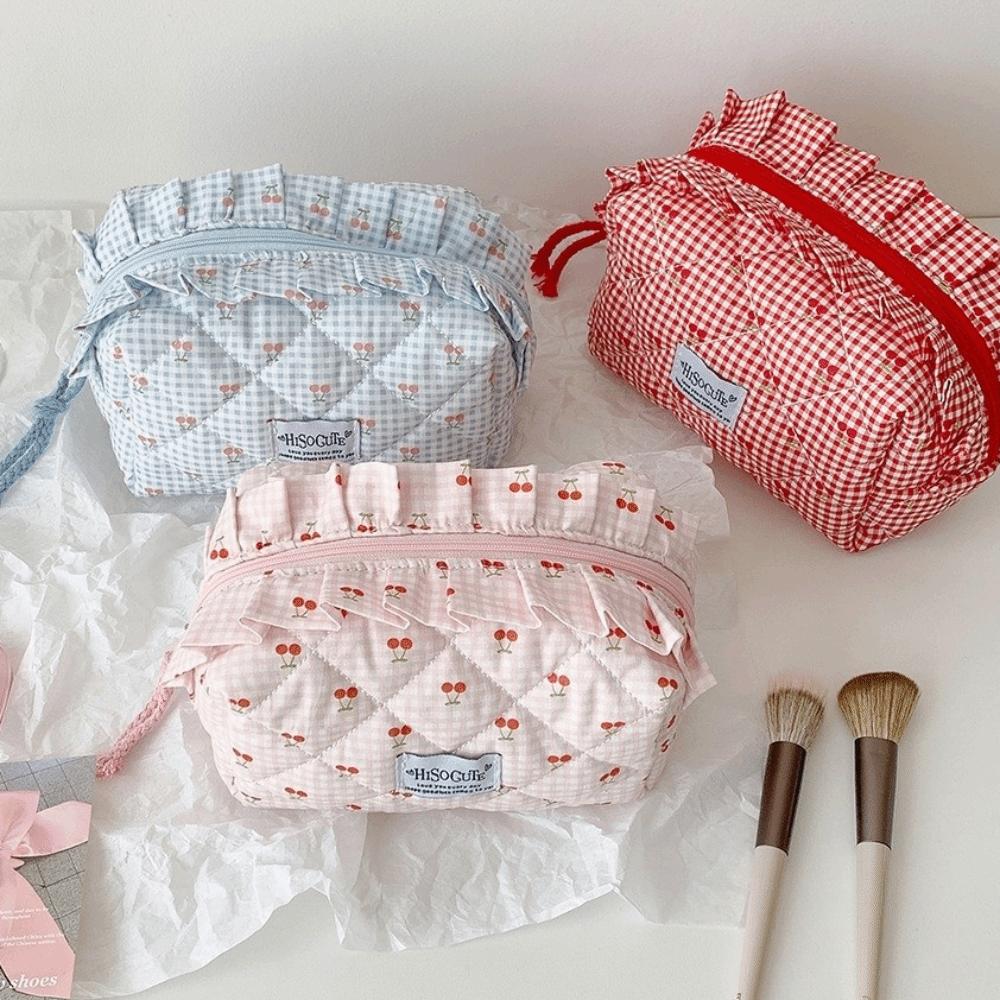 Single Layer Korean Cherry Pencil Case Cute Design Cloth Plaid Pen Bag School Office