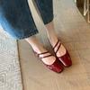 Women Double Buckle Wine Red Allet Flats 2026 New Designer Square Toe Mary Jane Shoes Woman Comfort Soft Sole Casual Single Shoe