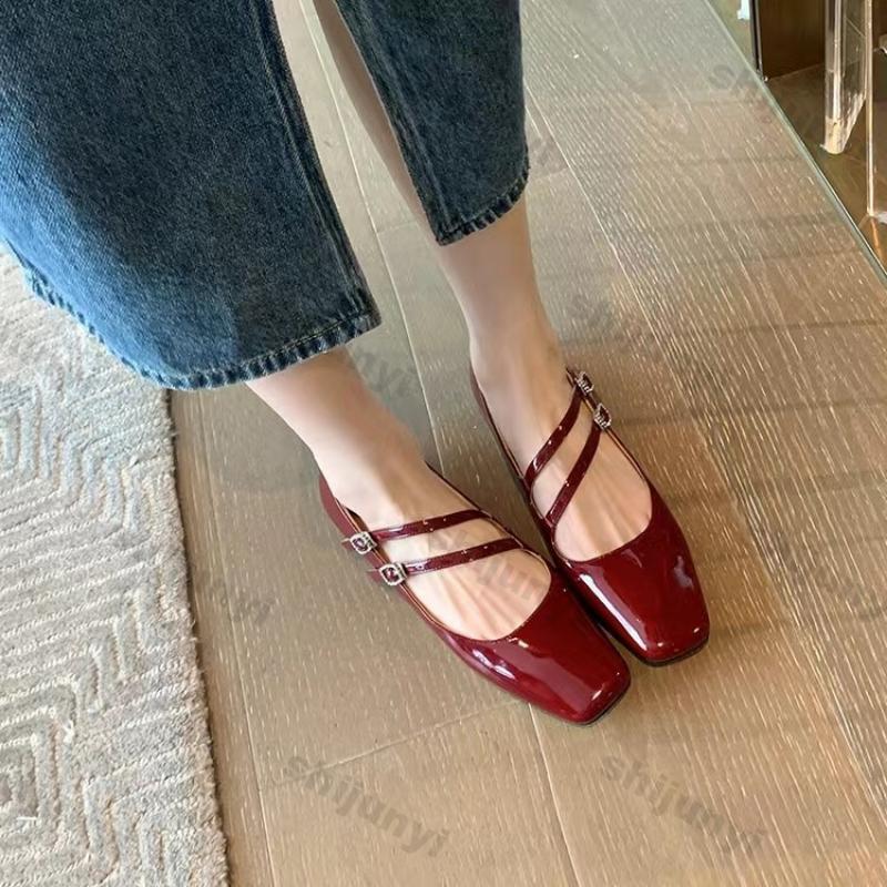 Women Double Buckle Wine Red Allet Flats 2026 New Designer Square Toe Mary Jane Shoes Woman Comfort Soft Sole Casual Single Shoe
