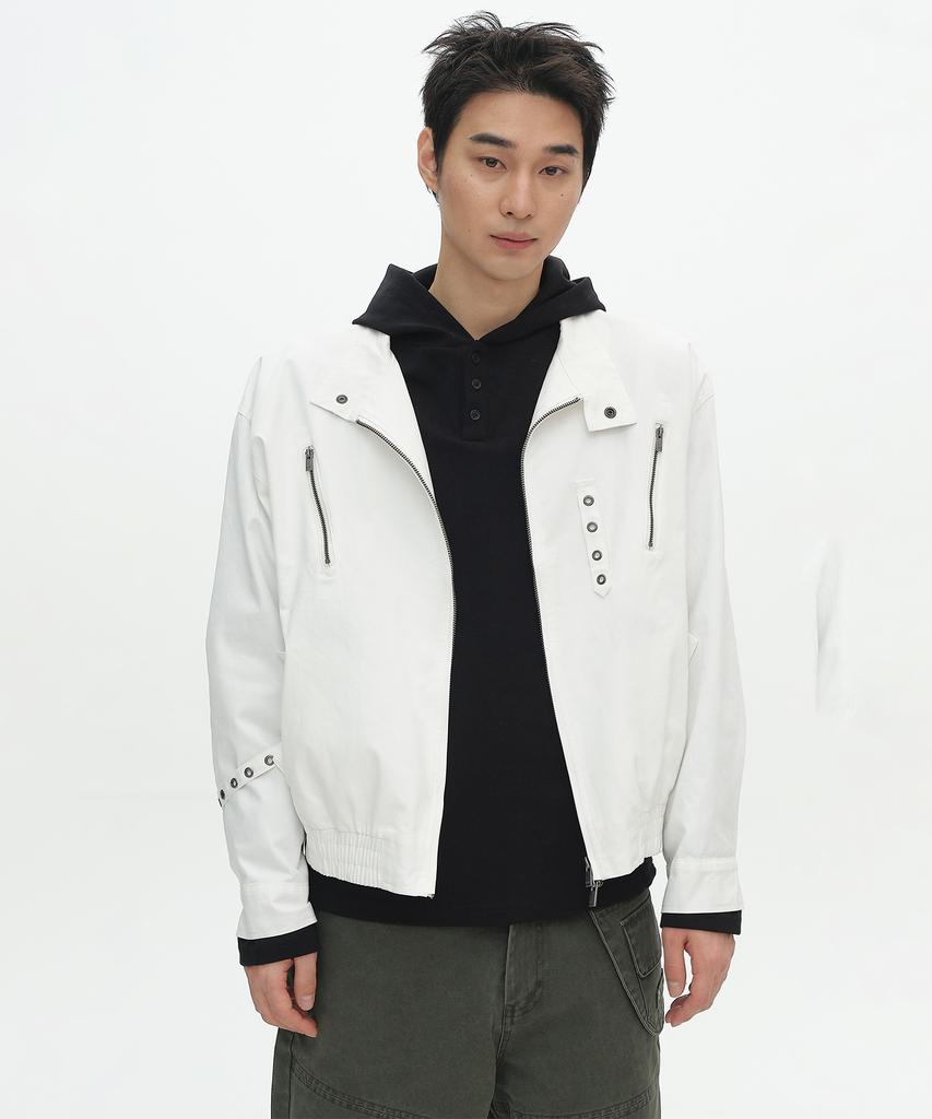 Placestudioman Eyelet Belted Detail Neck Button Blouson Oversized Cotton Jacket _3 Colors