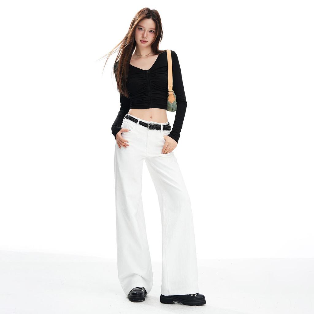 2026 Spring Slim-Fit American Style High-End Floor-Length Suit Pants - Black & White, Mid-Low Waist, Non-Clingy, Slimming Design