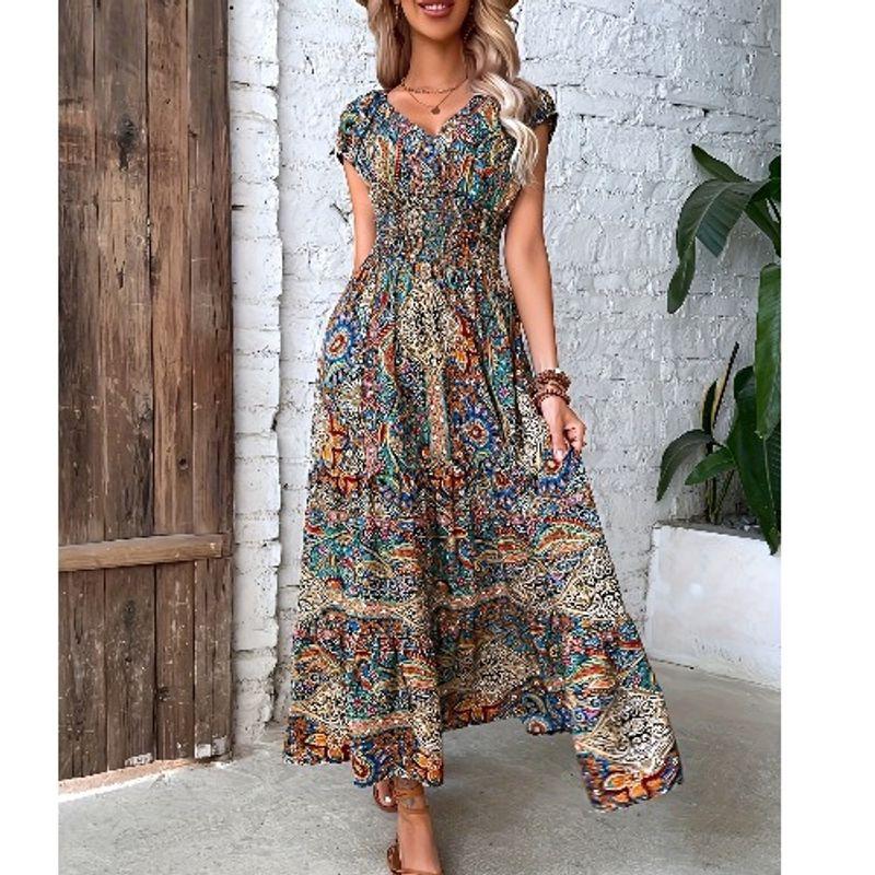 

Богемный стиль Летнее платье с V-образным вырезом и принтом, Приталенное, Облегающее талию, А-силуэта, Лоскутное, С коротким рукавом, Отпускное ПЛАТЬЕ Picture color 2XL