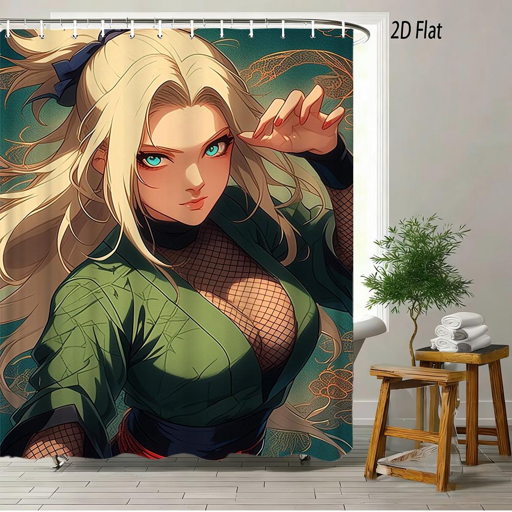 

2D плоская аниме-девушка-ниндзя в зеленом наряде, водонепроницаемая шторка для душа, декор для ванной комнаты W60H190(CM)-1 Pcs