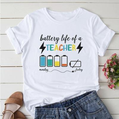 Battery Life of Teacher Print T Shirt Women Summer Tees Casual for Lady Short Sleeve Y2k Tops Harajuku 90s Tee Female Funny Gift