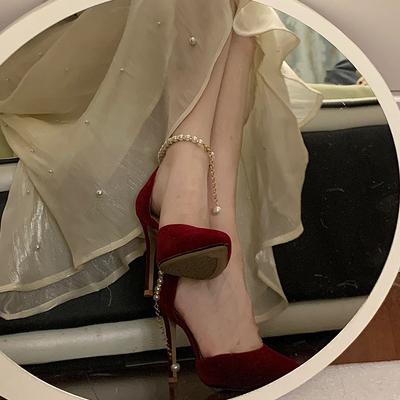 Tacchi alti a spillo da donna in pelle scamosciata a punta francese con perla, sandali con punta a sacchetto da adulto, regalo, spettacolo nuziale, lui bordeaux, scarpe da sposa
