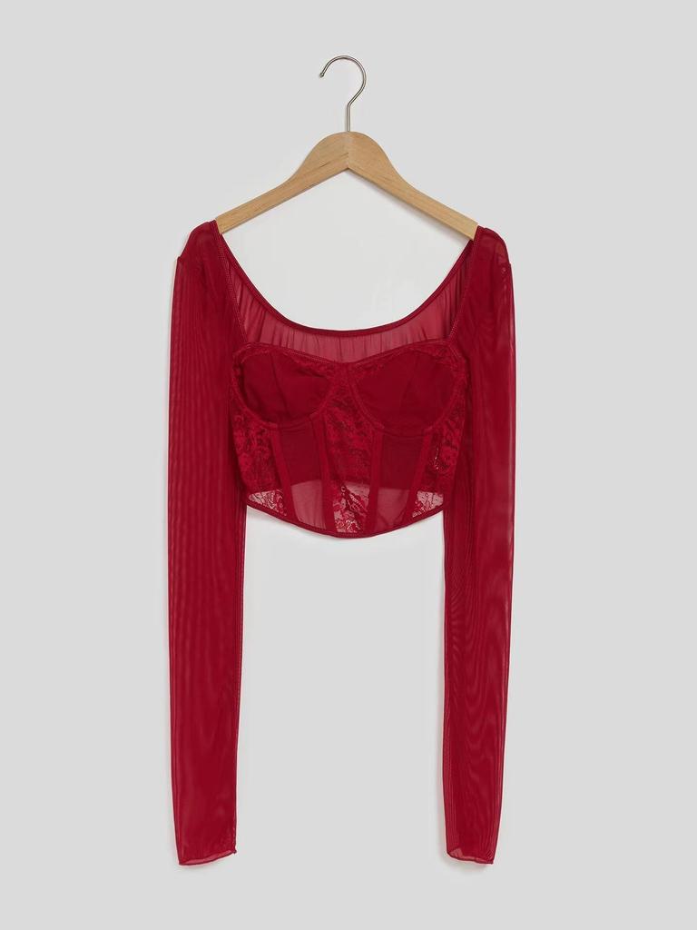 European & American Street Fashion Mesh Lace Slim Square Collar Long-Sleeved Top for Women