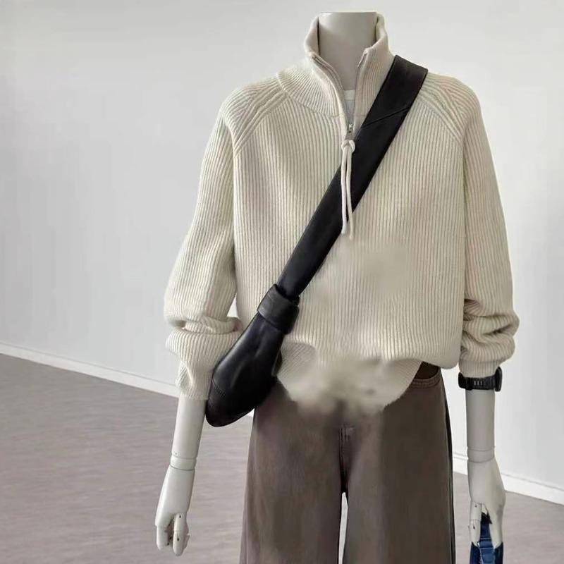 

Super recommended! Autumn and winter wear~ milky white vertical stand-up neck sweater women s double zipper head design knitted sweater L слоновая кость