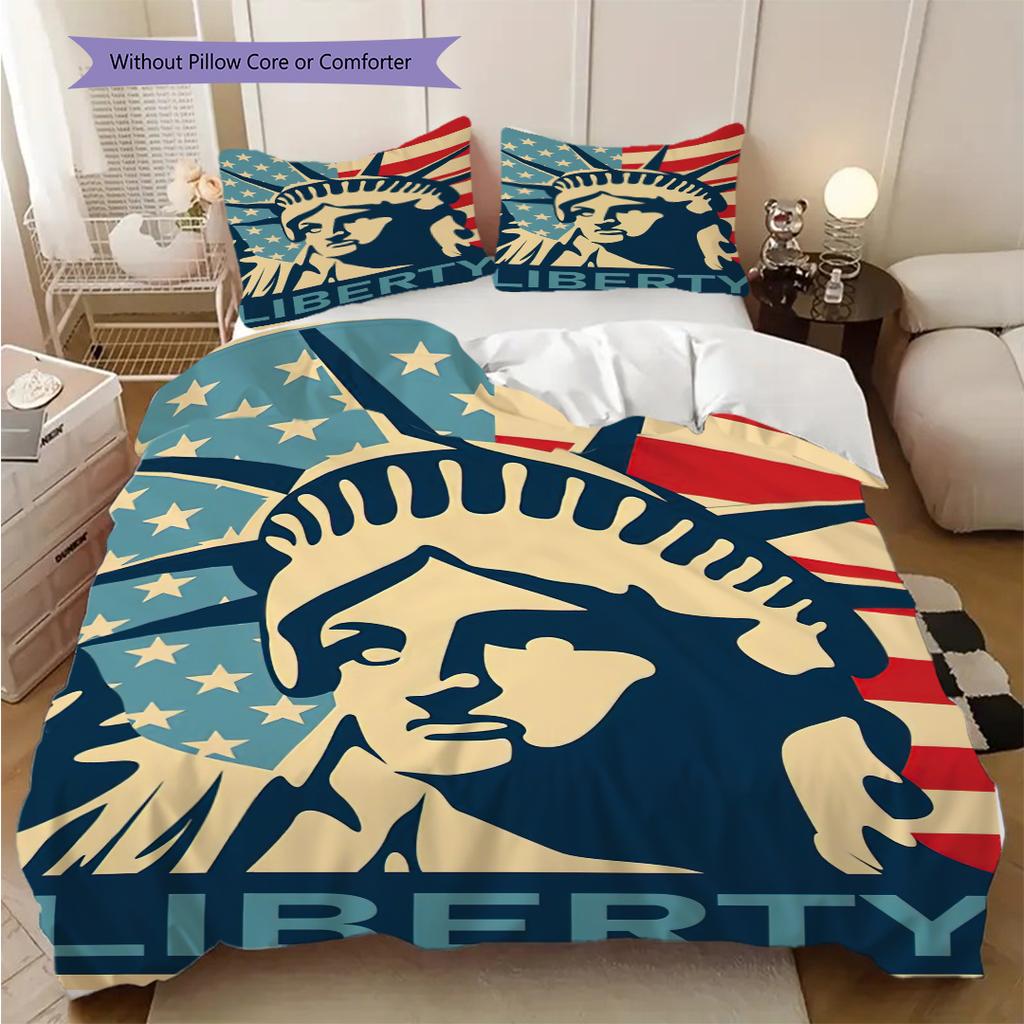 Patriotic Theme Statue of Liberty Bedding, Duvet Cover, Pillowcase, Home Decoration, Birthday Gift (1 * Duvet Cover+2 * Pillowcase, Coreless)