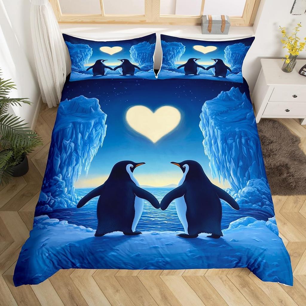 Penguin Duvet Cover Twin Queen Size Antarctic Animal Bedding Set For Kids Boys Girl Cartoon Black White Wildlife Comforter Cover