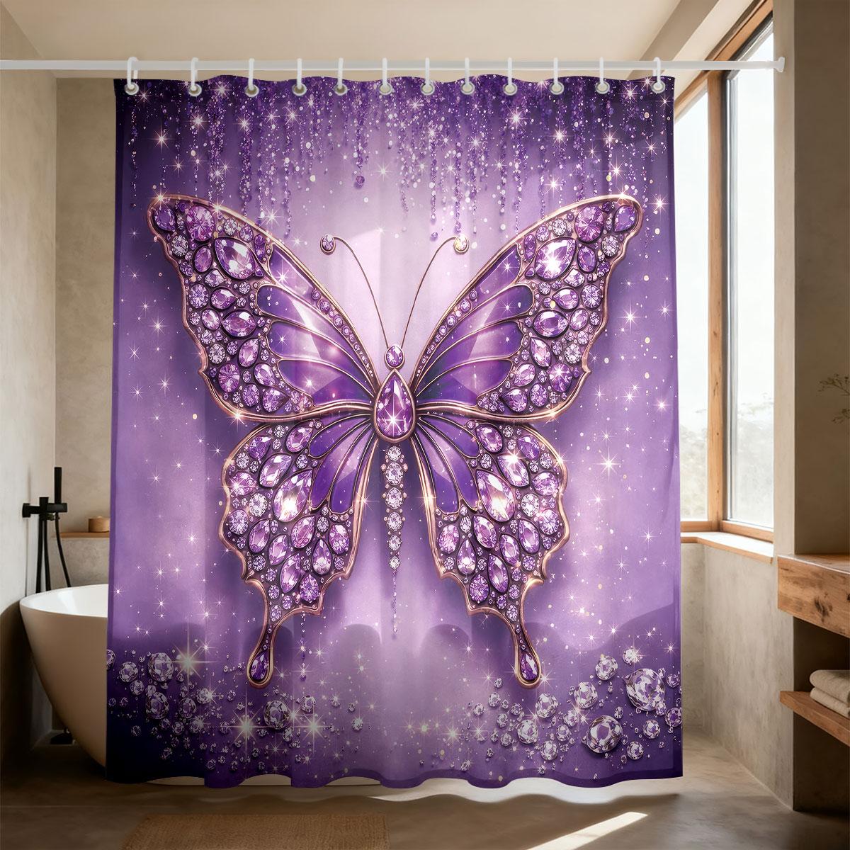 

1Pc Purple Butterfly Printed Waterproof Shower Curtain Partition Privacy Hanging Curtain, 12 Hooks, Multiple Sizes W60H190(CM)-1 Pcs