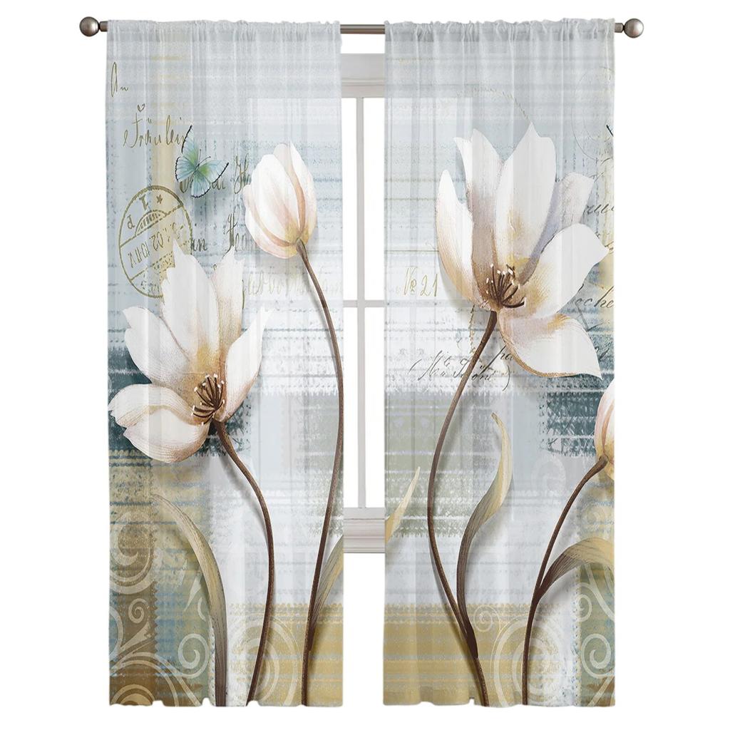 Vintage tulpaner Blommor Fjärilar Sovrum Transparent skira Gardiner Semesterdekoration Fönster Voile Tyll Gardin