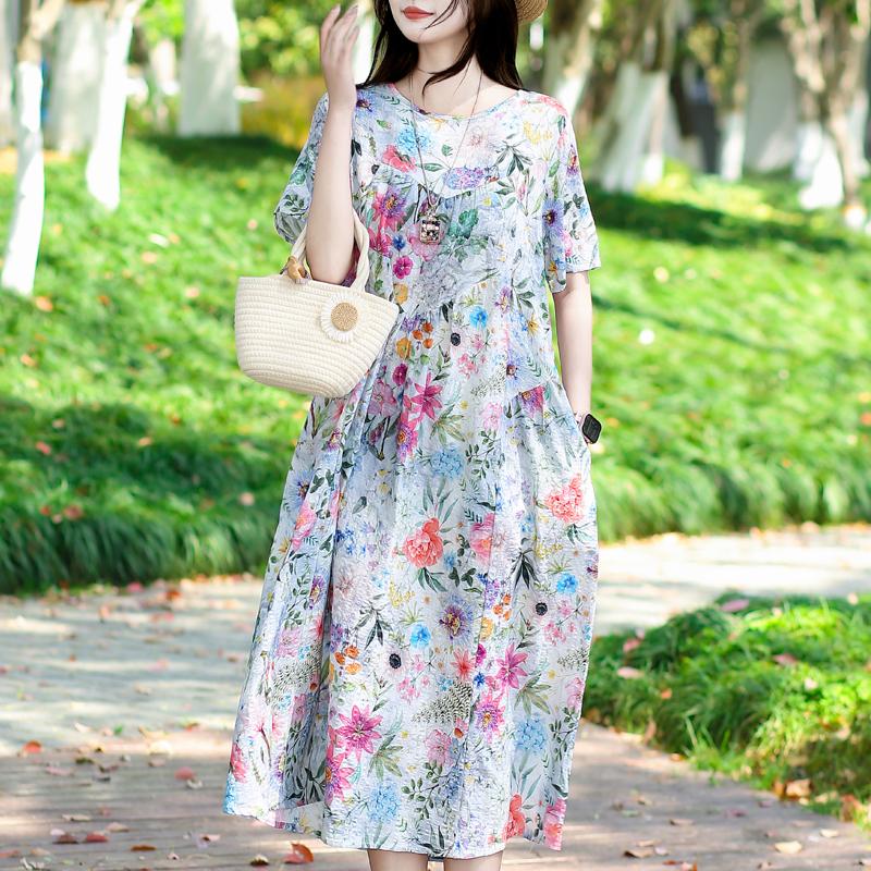 

Плюс Размер Элегантное Летнее Повседневное Платье для Женщин Винтажная Одежда Короткий Рукав Свободное Длинное Платье 5XL