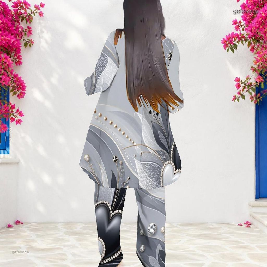 Women Plus Size Round Neck Long Sleeve Green Black Gold Printed Layered Top And Long Pants Two Piece Set