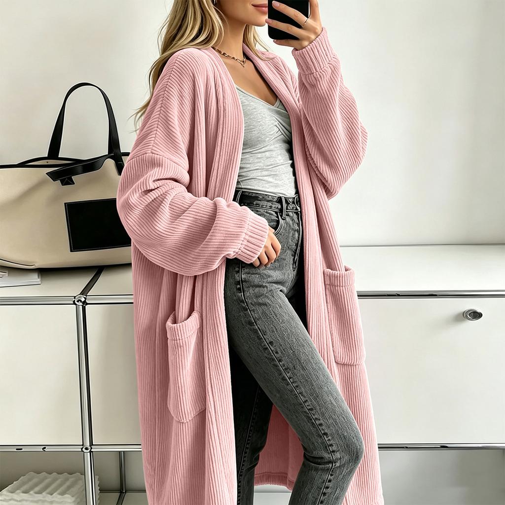 Women's casual corduroy long-sleeved long coat