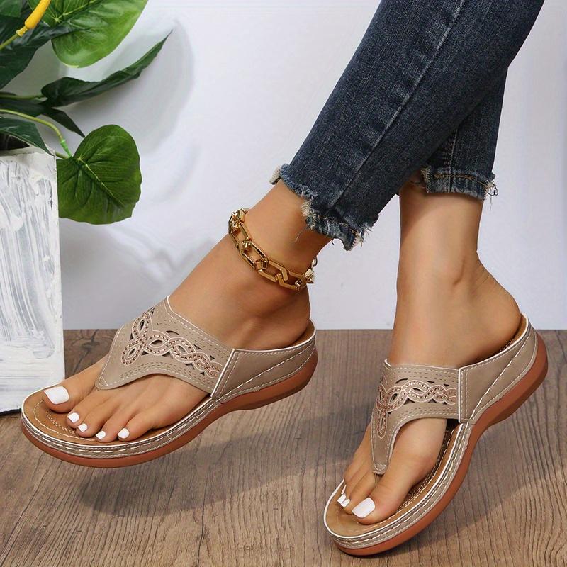 Women's Rhinestone Wedge Flip Flops - Comfy Outdoor Slide Sandals with Arch Support