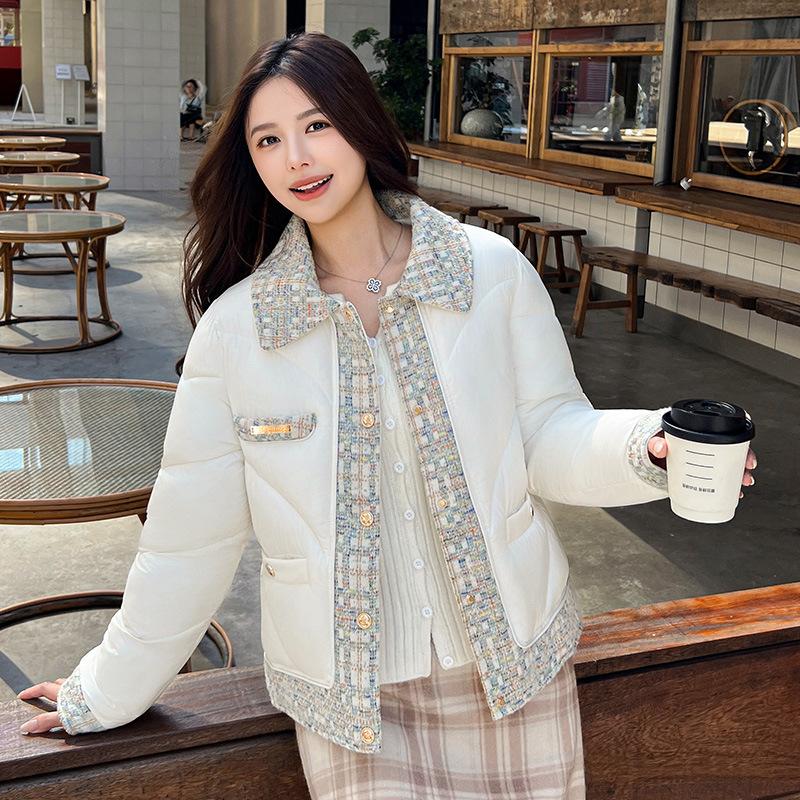 Small short spliced cotton-padded jacket for women's winter thin color knitted lapel padded jacket