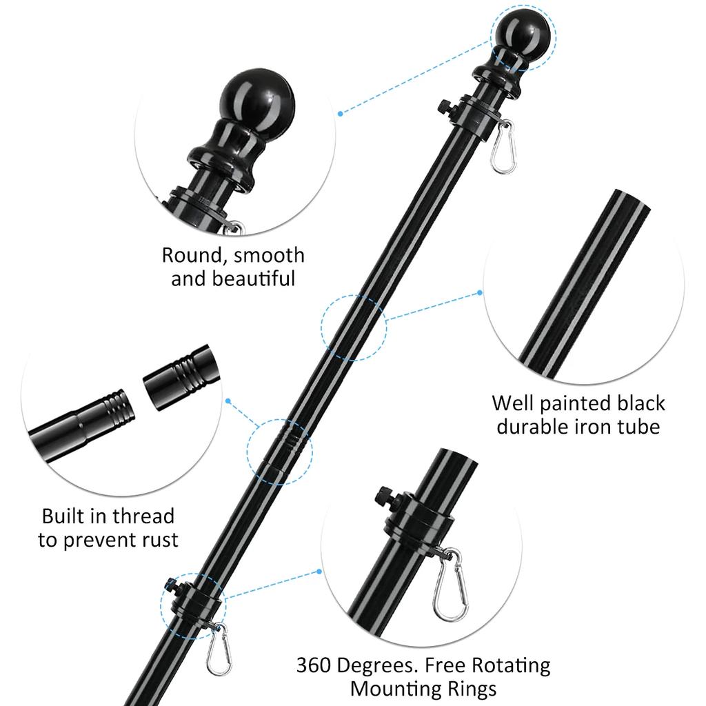 1.8M Stainless Steel Telescopic Flag Pole Wall Mount with Tangle-free 360 Rotating Rings Guide Banner Flag Pole Holder