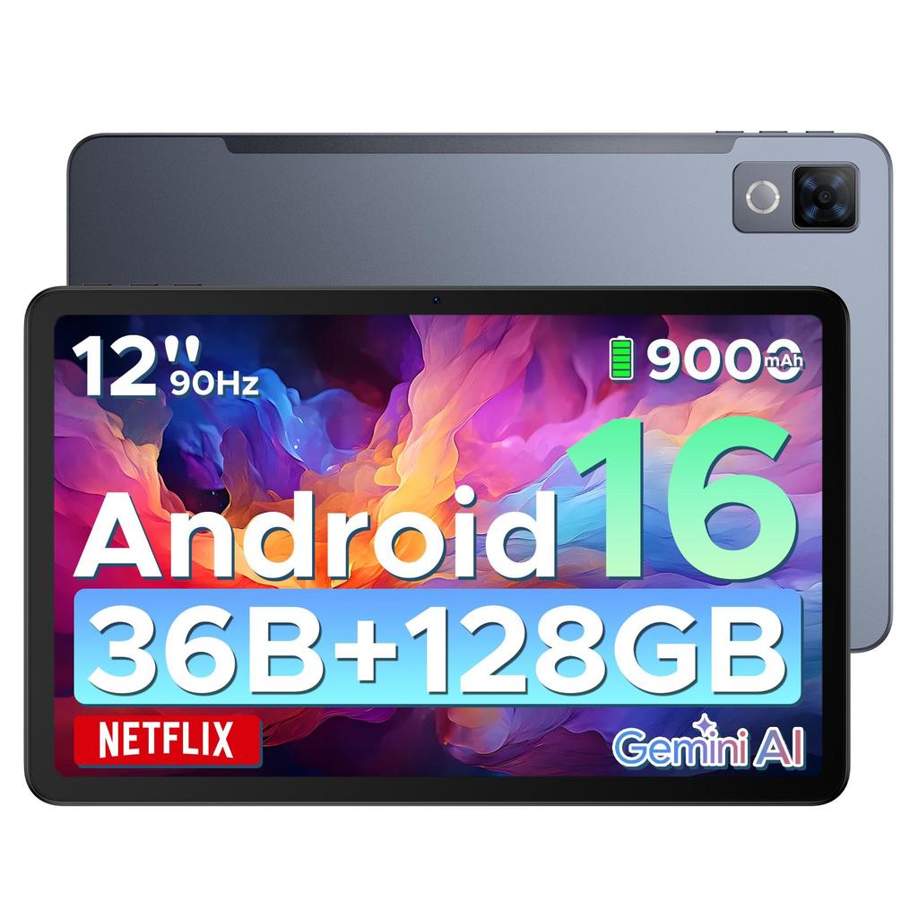 DOOGEE U12 Android 16 Tablet, 12 Inch, 90Hz, 24GB+128GB (2TB), Gemini AI Octa-Core, 9000mAh/18W, Widevine L1, 2.4G/5G WiFi, Face ID