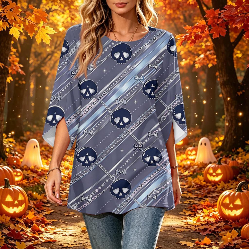 Women's Halloween Print Casual Top, Round Neck, Three-Quarter Sleeve, Loose Fit