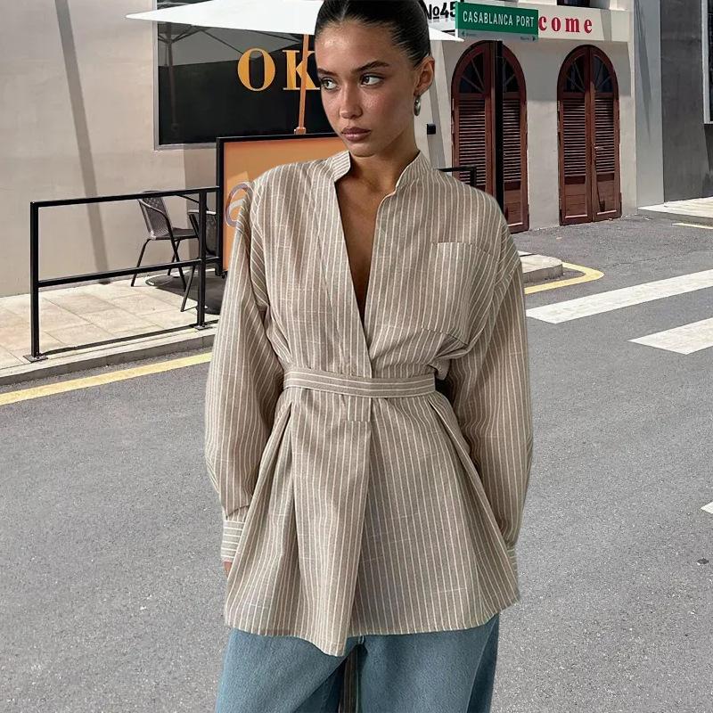 

Повседневная полосатая женская блузка с V-образным вырезом и длинным рукавом, рубашка с присборенной талией, модная женская осенняя новая одежда XL дубильная кора