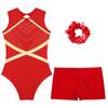 Kids Girls Gymnastics Outfit Keyhole Back Patchwork Sleeveless Glittery Rhinestones Leotard with V-front Waistband Shorts Hair Tie Headwear