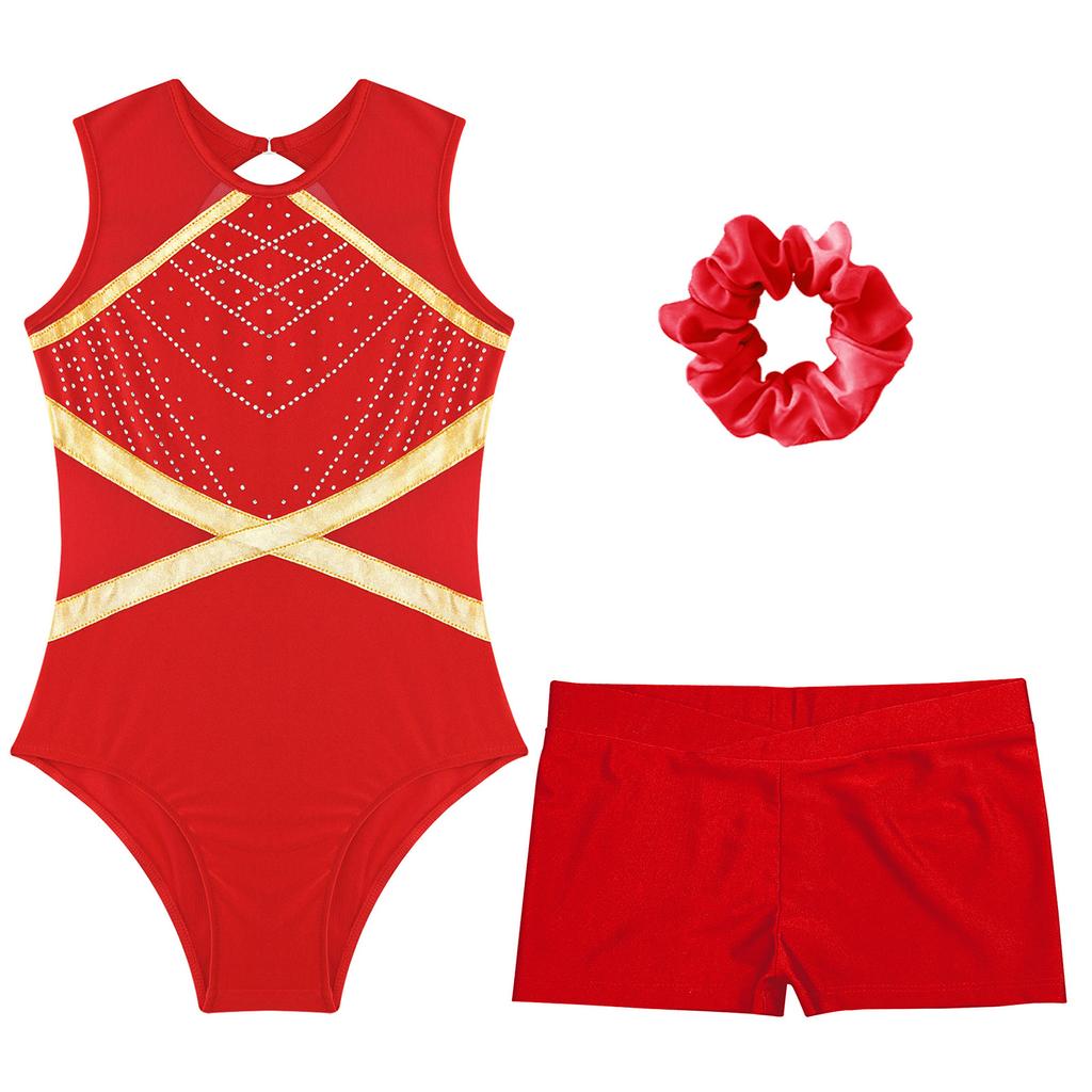Kids Girls Gymnastics Outfit Keyhole Back Patchwork Sleeveless Glittery Rhinestones Leotard with V-front Waistband Shorts Hair Tie Headwear