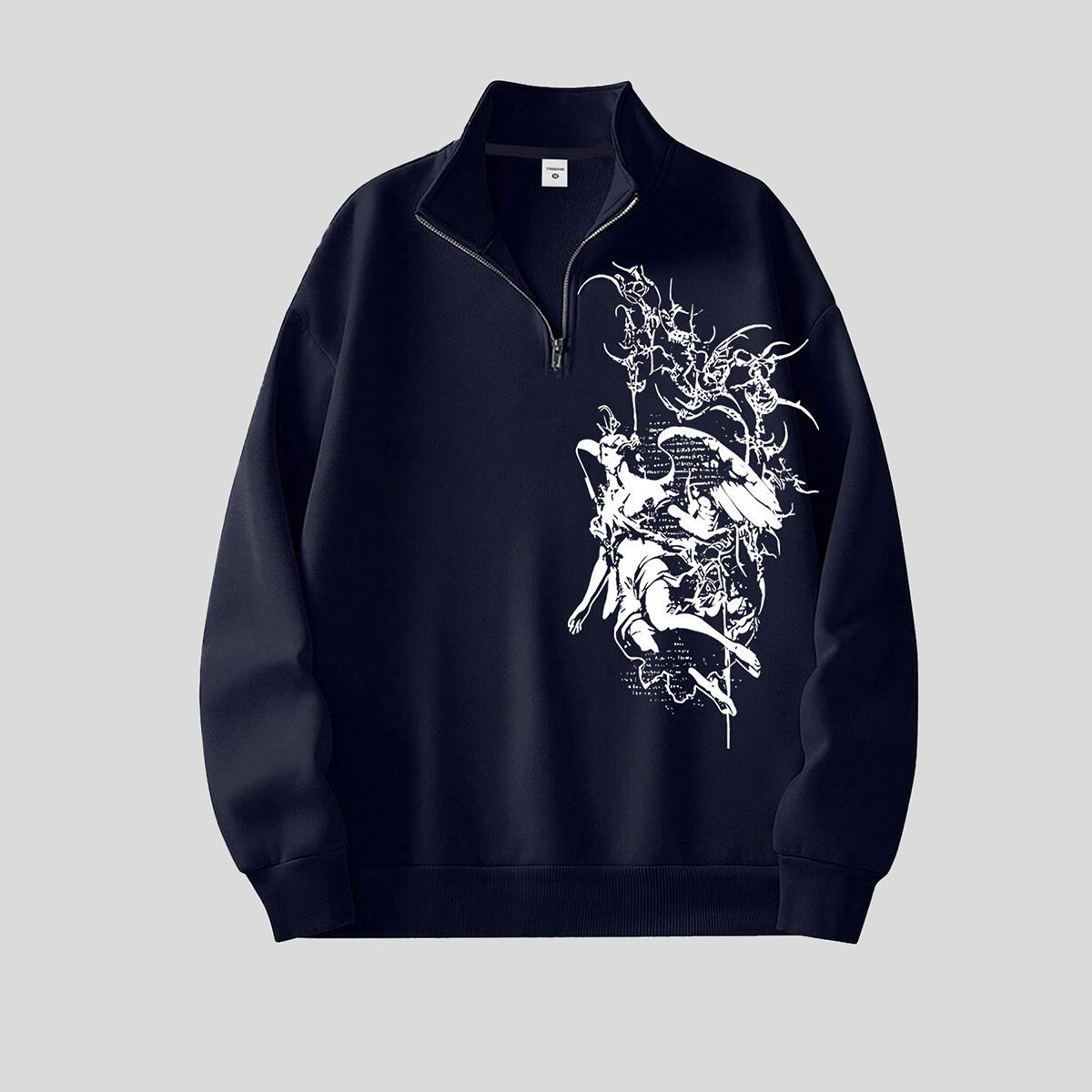 

Mens Quarter-Zip Pullover Long Sleeve Mock Neck Sweatshirt Unsex Y2K Gothic Printed Vintage Tops XXL темно-синього кольору