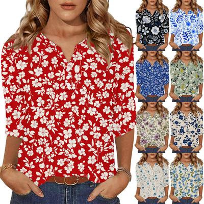 Women's Fashionable Casual Retro Floral Print V-Neck Button-Down Three-Quarter Sleeve T-Shirt Top