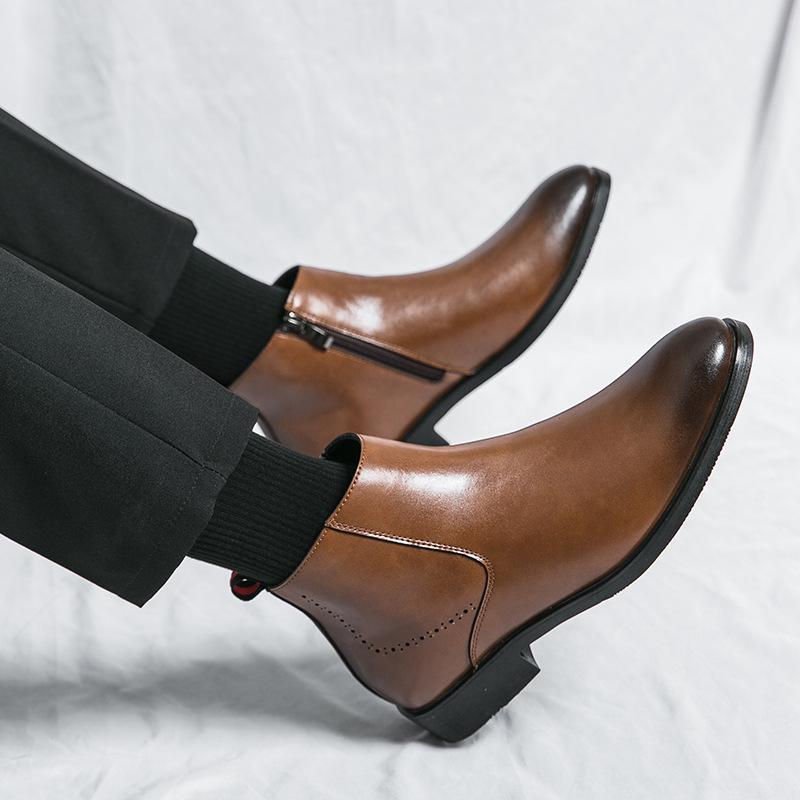 Leather Martin Boots Men's British Business Medium Top High Heel Pointed Hair Stylist Leather Shoes High Top Leather Boots