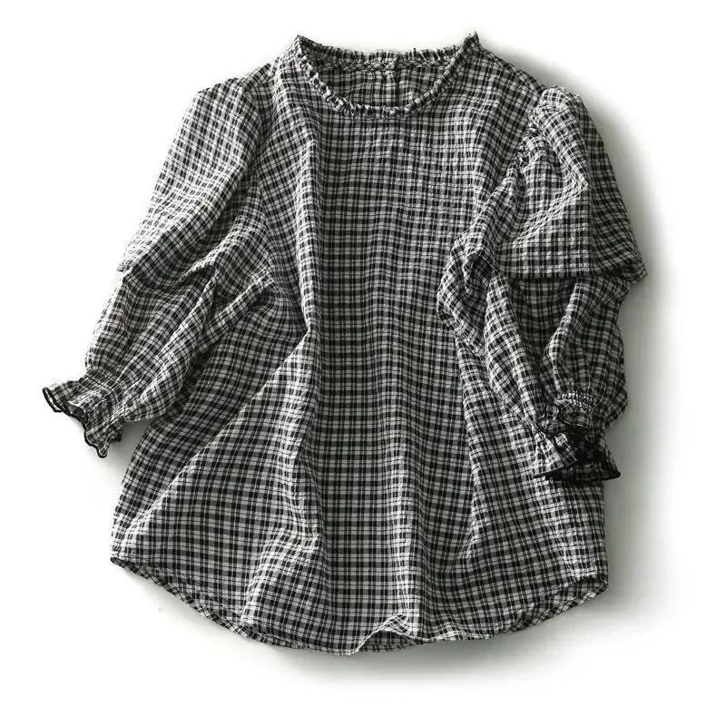 

Женская клетчатая рубашка с круглым вырезом и оборками на рукавах, повседневная блузка, топы больших размеров S чёрный