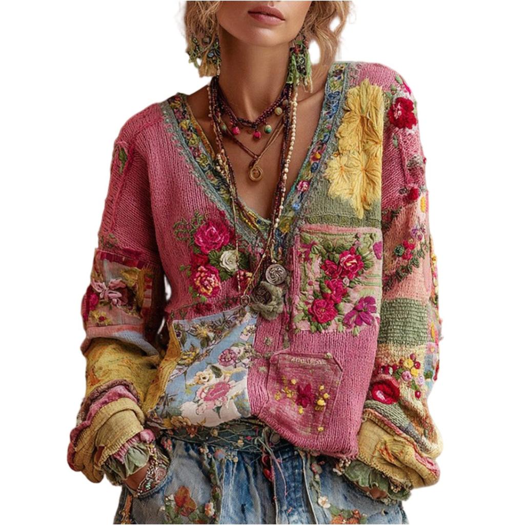 Vintage Floral Print Patchwork Top Long Sleeve V Neck Casual Womens Fashion