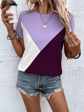 Women's Color Block Short Sleeve T-Shirt Casual Crew Neck Summer Tee Shirt