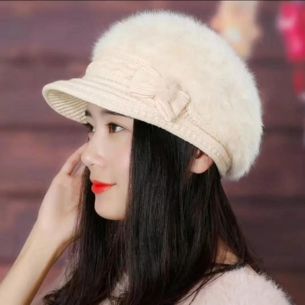 

Модная женская вязанная крючком шапка с цветочным принтом, зимняя теплая шапка, берет бежевый