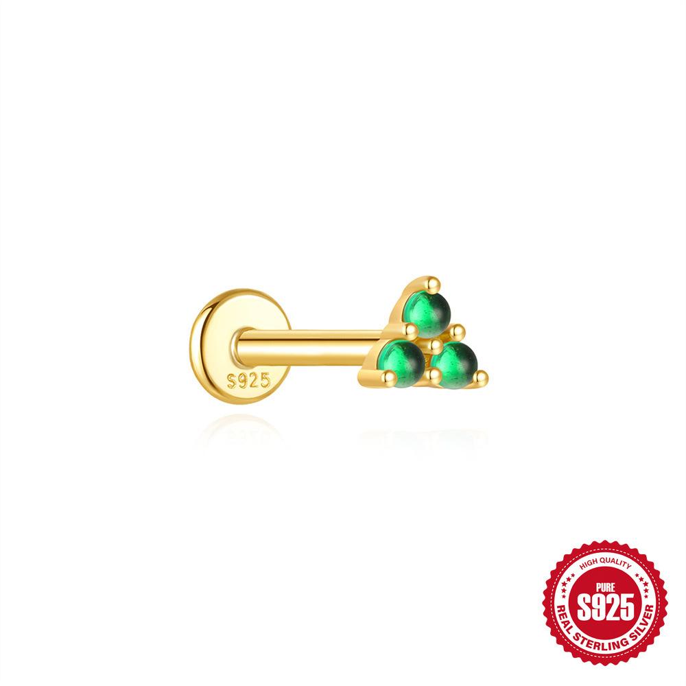 S925 Sterling Silver Green Fresh Retro Red Color Flat Head Stud Earrings Round Personality Versatile Earbone Stud Puncture