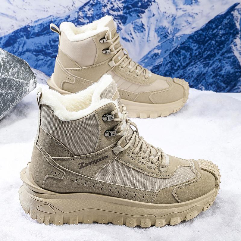Men's Winter High-Top Snow Boots with Fleece Lining Thickened Non-Slip Warm Fur and Cold-Resistant Cotton Hiking Shoes Sneakers
