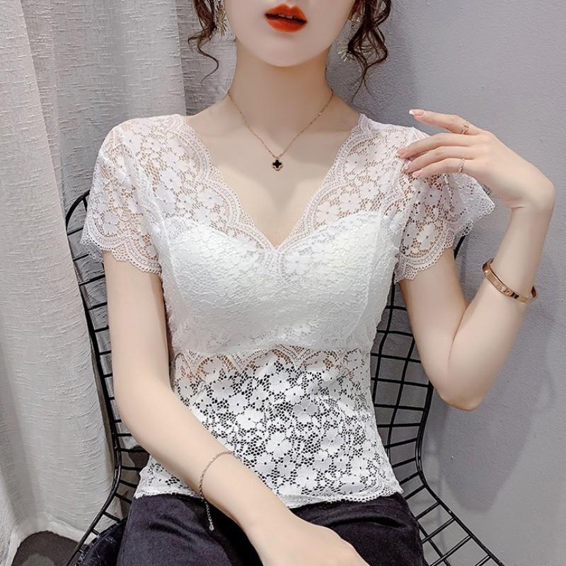 Damen Kurzarm Spitze Oberteil V-Ausschnitt Elegant Schlanke Passform Bluse für den Sommer
