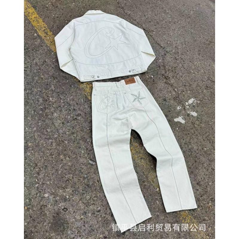 Unisex Streetwear Denim Jacket Set With Embroidered Casual Loose Fit Outerwear