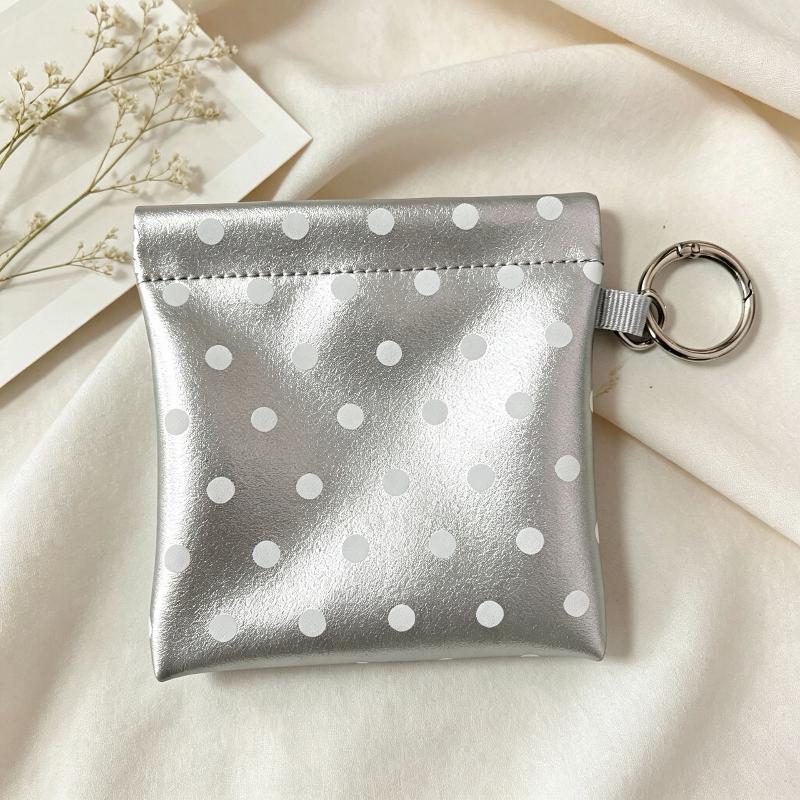 Pu Leather Spring-Loaded Polka Dot Coin Purse With Key Ring Compact Design For Storing Coins Cards Keys Daily Use