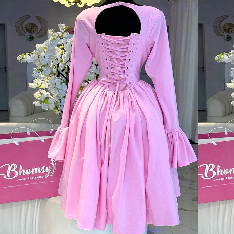 2025 Spring Elegant A-Line Dress: Women's High Waist, Long Sleeve Round Neck with Tie Detail