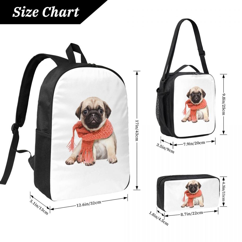 Winter Grappige Hinde Mopshond Grappige Hondenliefhebber Rugzak Boekentas Schooltas Computer Schoudertassen 3 stuks Geïsoleerde Lunchtas Etui