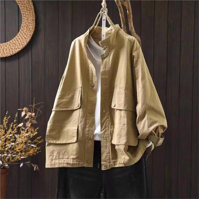 Jaquetas Vintage Femininas Largas com Botões Cor Sólida Bolsos Patchwork Outono Casual Algodão Jaquetas Femininas