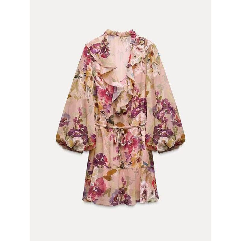 Za2025 Spring New Women's Clothing Temperament Wild Flowers Print Laminated Decoration Mini Dress 2503131